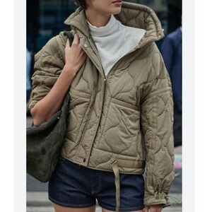 NWT Zara ZW Collection Quilted Water Repellent High Collar Jacket Sz:XS Khaki